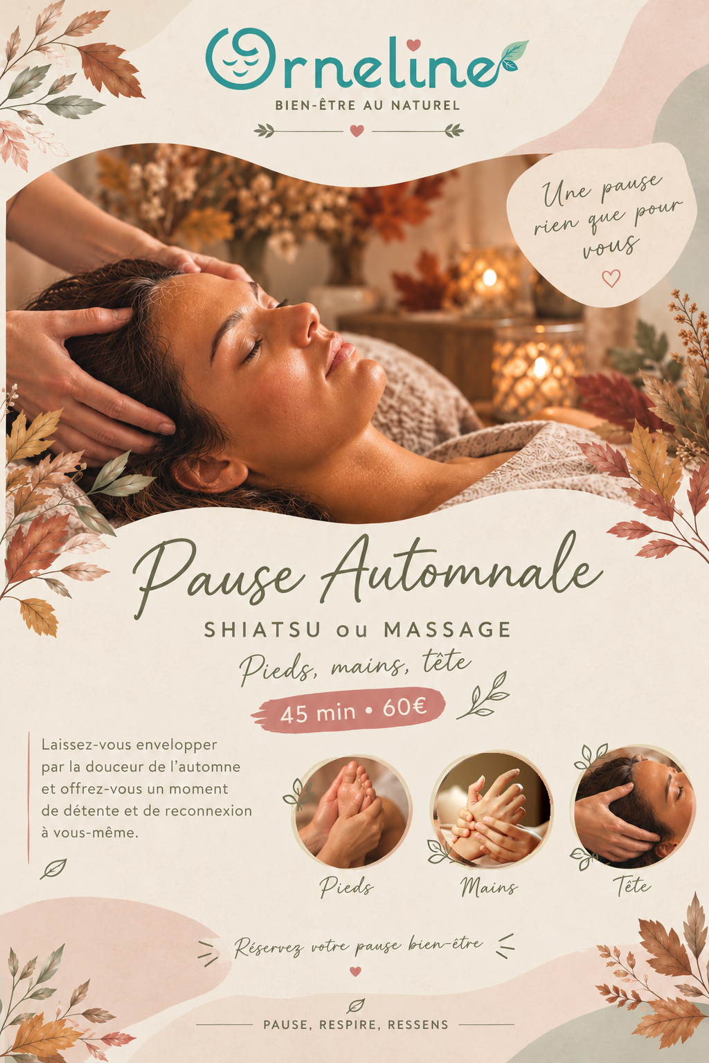Pause Automnale, shiastu et massage mains, pieds, tête 45min orneline bien etre massage mériel